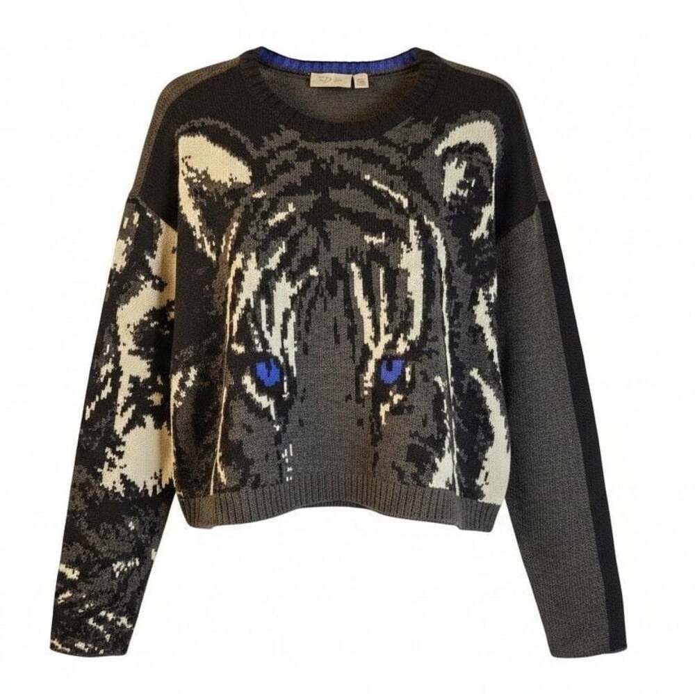 RD Style Tiger Face Intarsia Knit Crew Neck Sweater Sz L